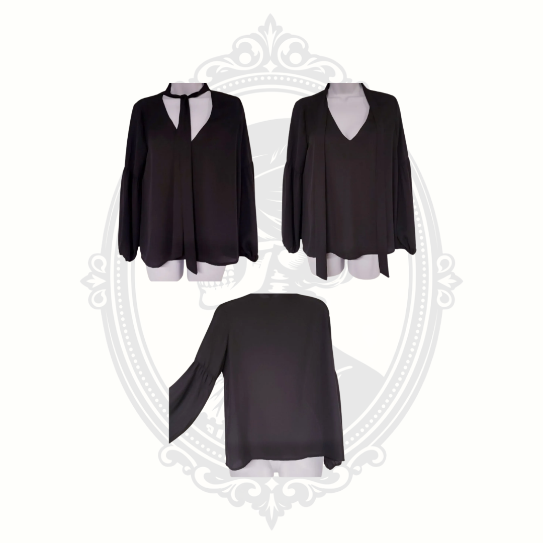 black tie neck blouse shown in multiple views choker and v neck styling options