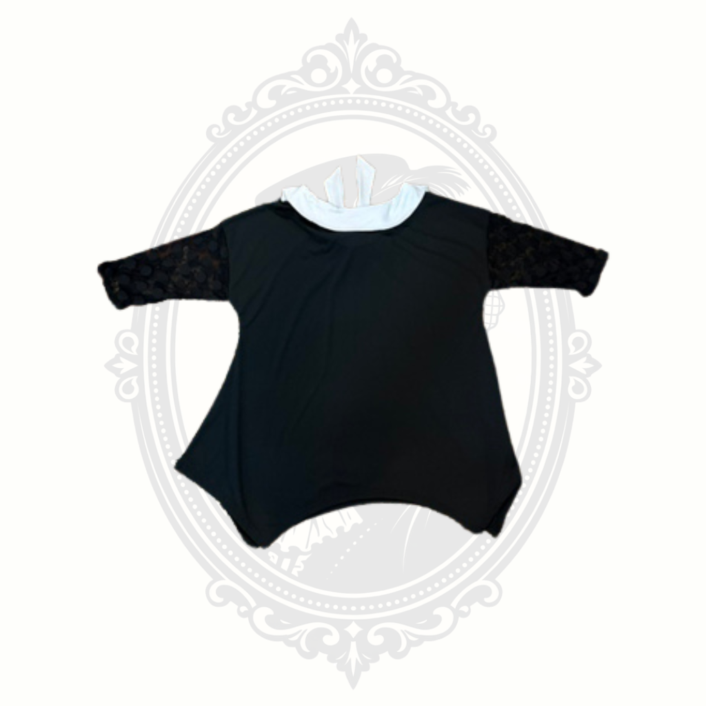 Black Tunic Top with White Bow Collar & Lace Sleeves – Size Large