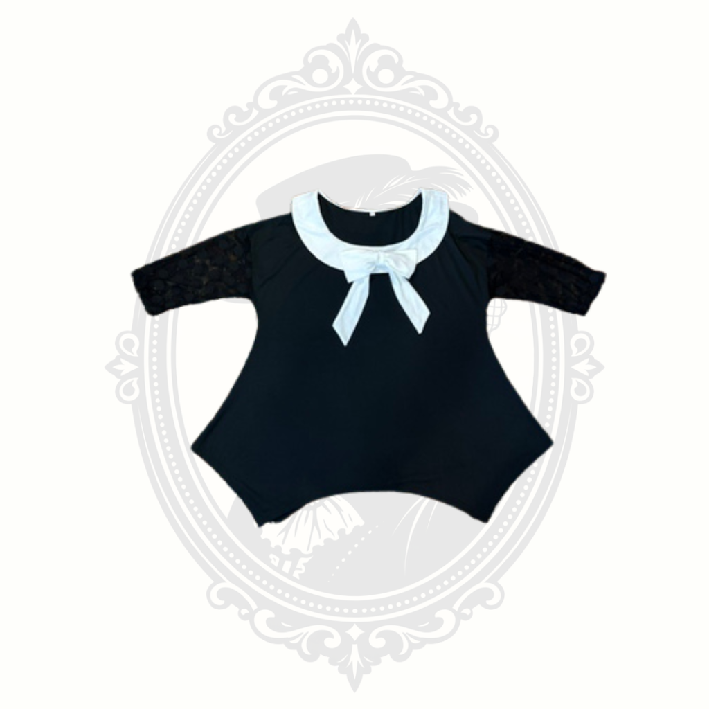 Black Tunic Top with White Bow Collar & Lace Sleeves – Size Large