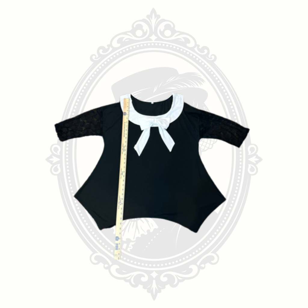 Black Tunic Top with White Bow Collar & Lace Sleeves – Size Large
