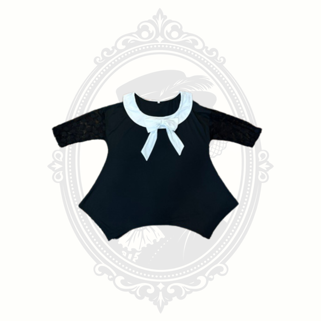 Black Tunic Top with White Bow Collar & Lace Sleeves – Size Large
