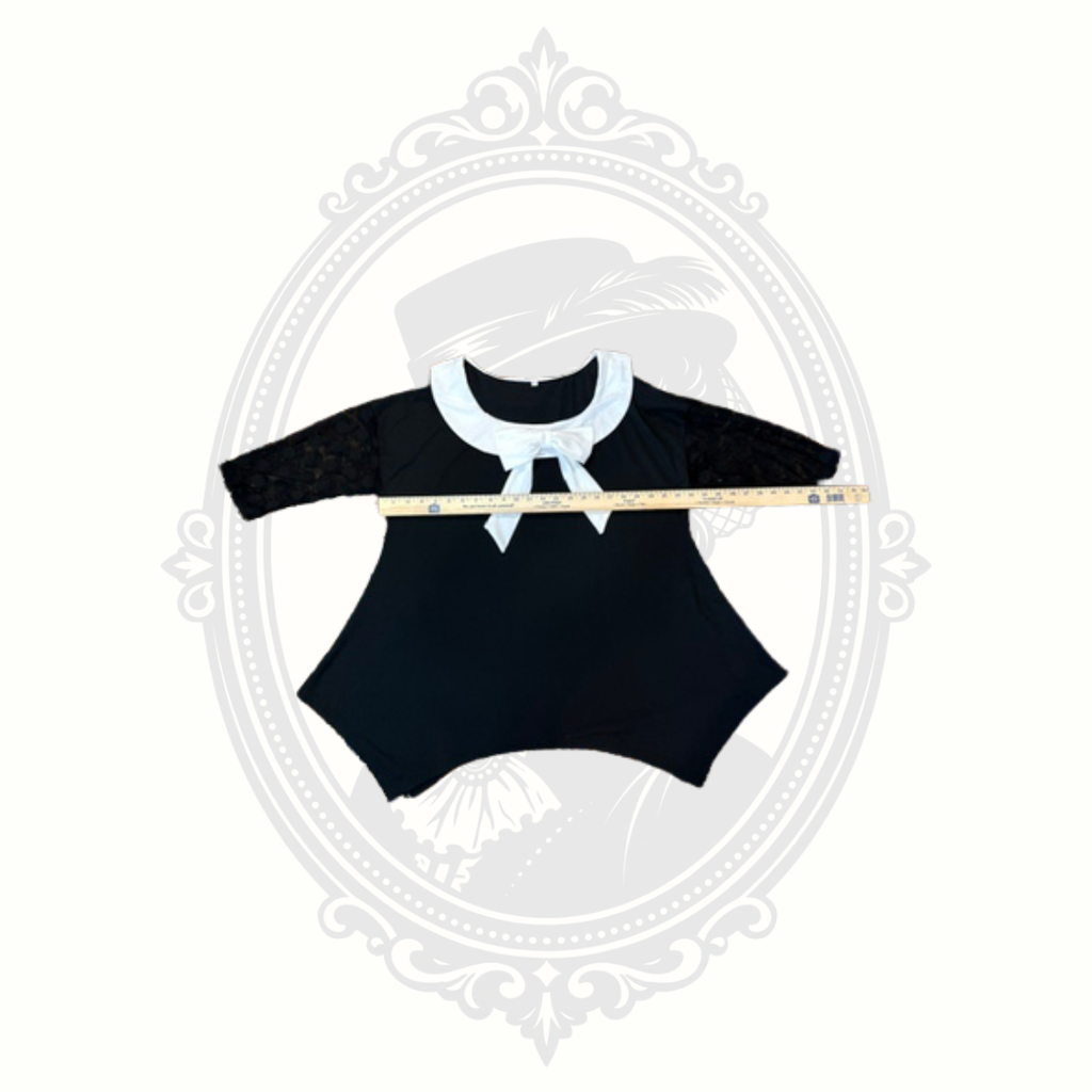 Black Tunic Top with White Bow Collar & Lace Sleeves – Size Large