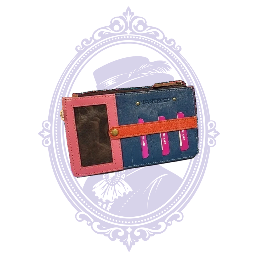 Blue and pink wallet card organizer with ID window, card slots and orange snap strap