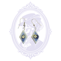 Blue and white diamond-shaped dangle earrings with clear rhinestone centers and silver-tone fishhook ear wires.