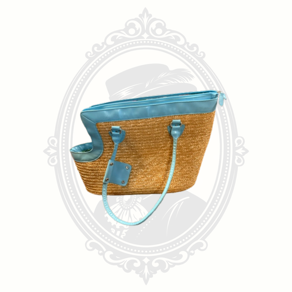 Blue Woven Straw Pet Carrier Tote Bag with Tropical Lining | Small Dog Travel Bag