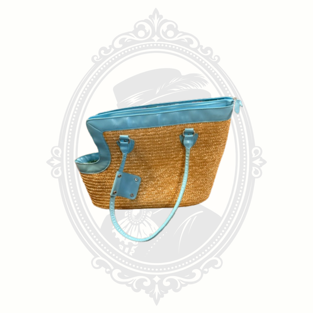 Blue Woven Straw Pet Carrier Tote Bag with Tropical Lining | Small Dog Travel Bag
