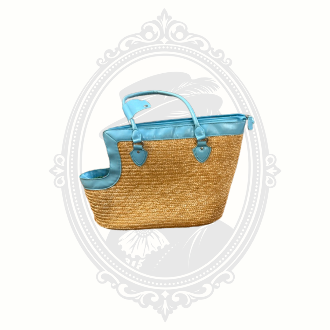 Blue Woven Straw Pet Carrier Tote Bag with Tropical Lining | Small Dog Travel Bag