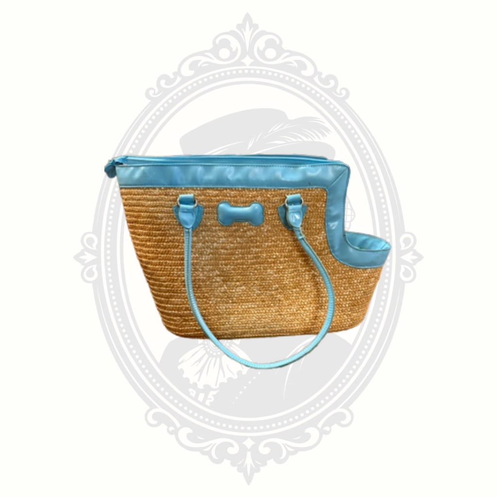 Blue Woven Straw Pet Carrier Tote Bag with Tropical Lining | Small Dog Travel Bag