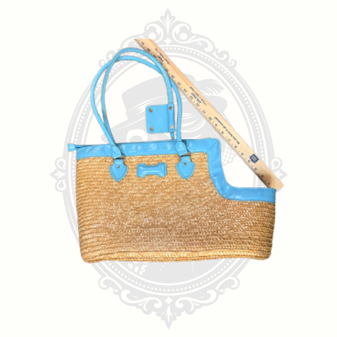 Blue Woven Straw Pet Carrier Tote Bag with Tropical Lining | Small Dog Travel Bag