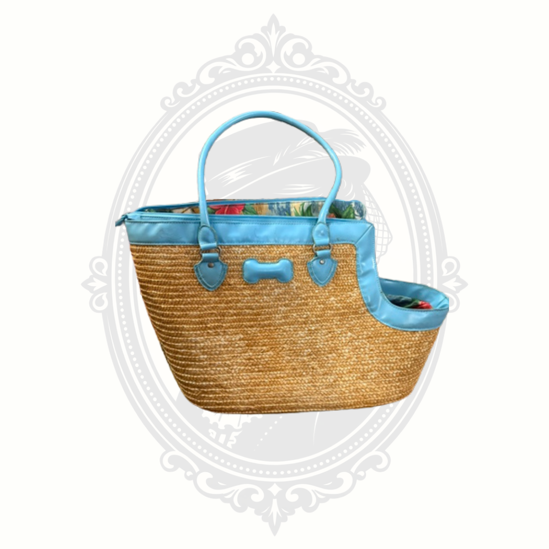 Blue Woven Straw Pet Carrier Tote Bag with Tropical Lining | Small Dog Travel Bag