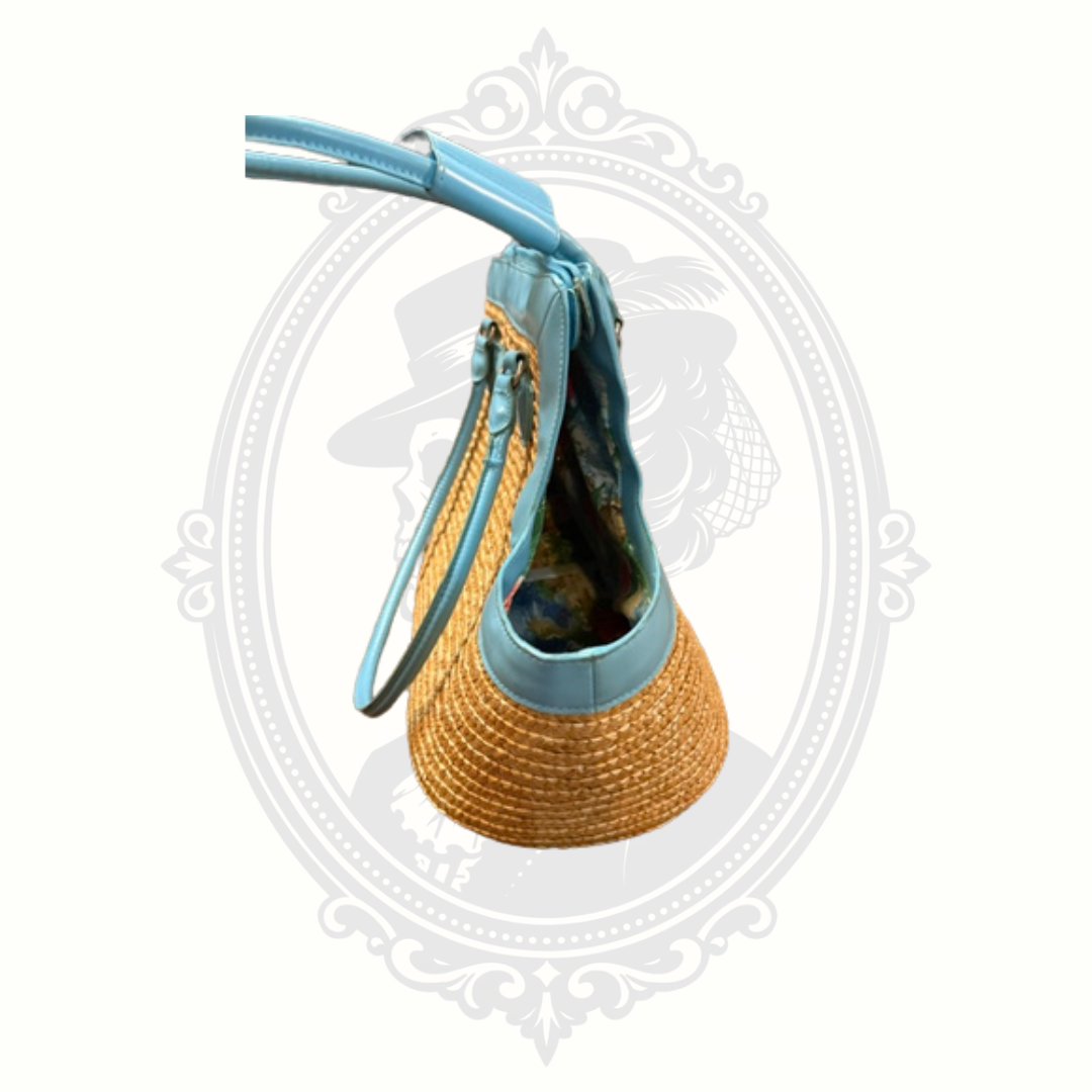 Blue Woven Straw Pet Carrier Tote Bag with Tropical Lining | Small Dog Travel Bag