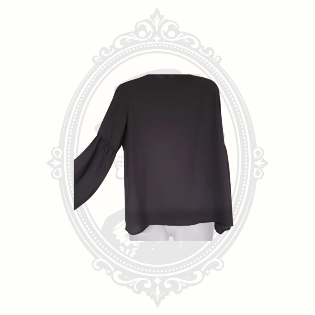 back view of black long sleeve chiffon blouse size small lightweight fabric