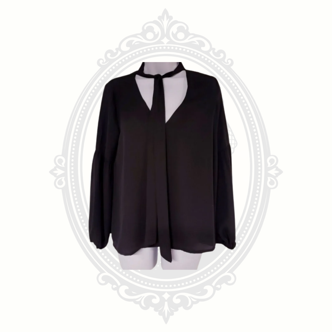 black tie neck blouse small choker style front view long sleeve chiffon