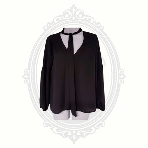 black tie neck blouse small choker style front view long sleeve chiffon