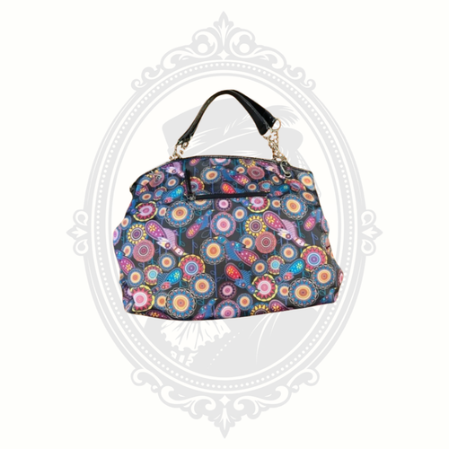 BollyDoll mandala tote bag back view showing multicolor Jewel Birds pattern and chain strap detail