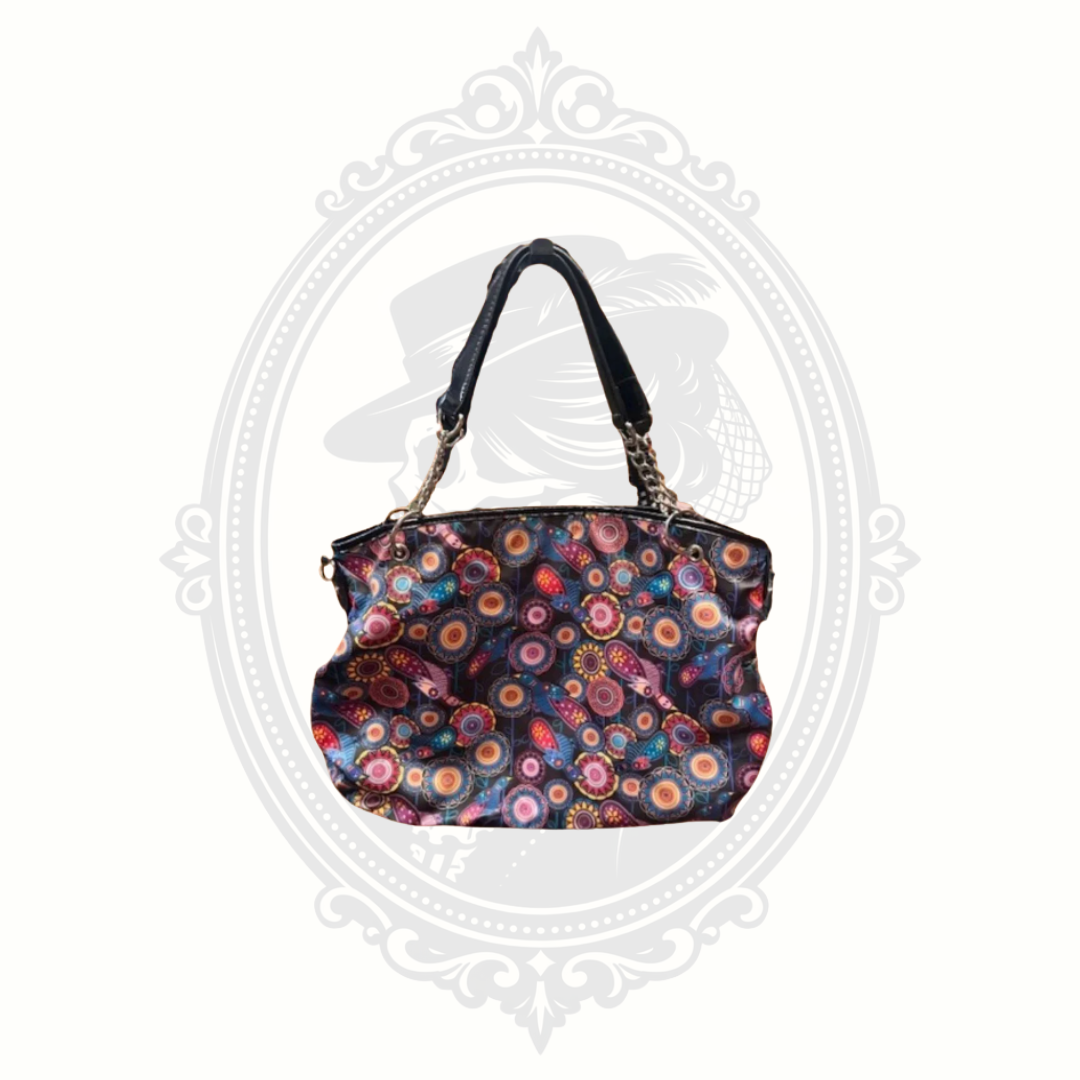 BollyDoll Jewel Birds mandala tote bag with colorful pattern and black trim front view