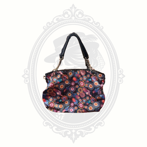 BollyDoll Jewel Birds mandala tote bag with colorful pattern and black trim front view