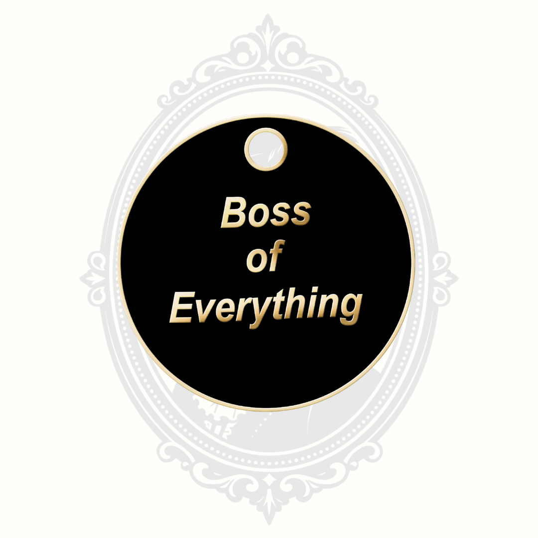 Black novelty pet tag with gold-tone lettering reading “Boss of Everything.”