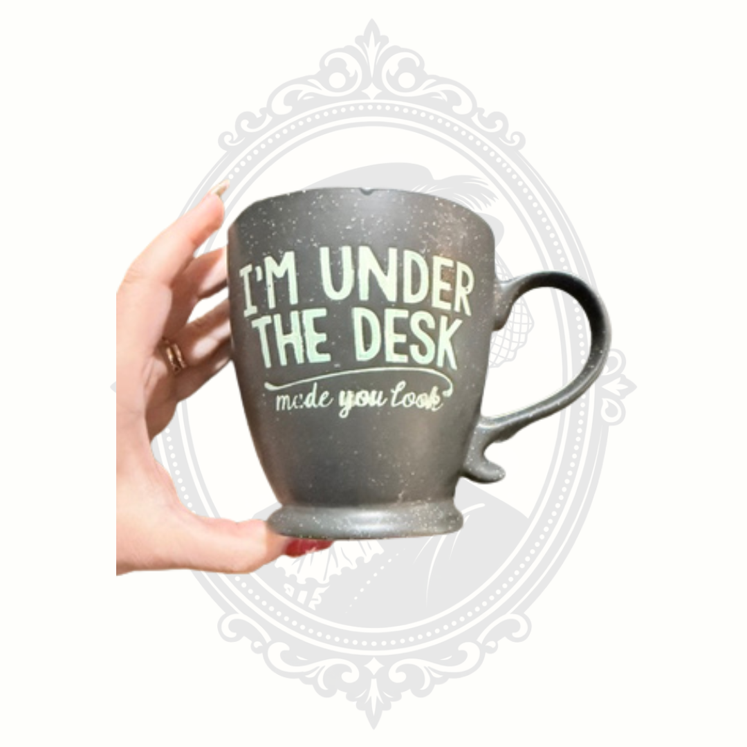 Boston Warehouse "I'm Under the Desk Made You Look" Speckled Stoneware Coffee Mug Funny Office Humor