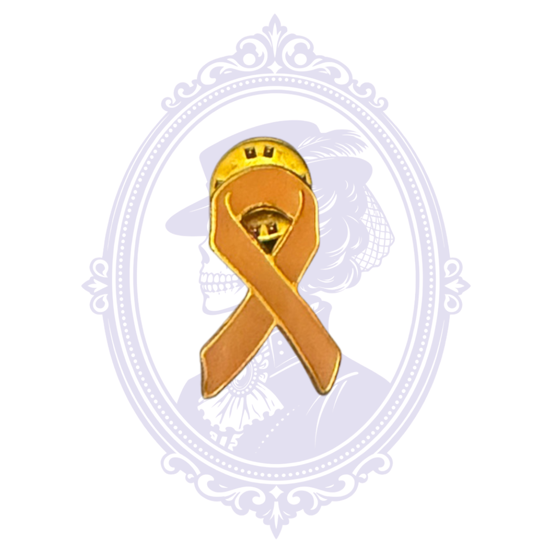Front view of pink Breast Cancer Awareness ribbon pin with pink enamel-style surface and gold-tone accents.