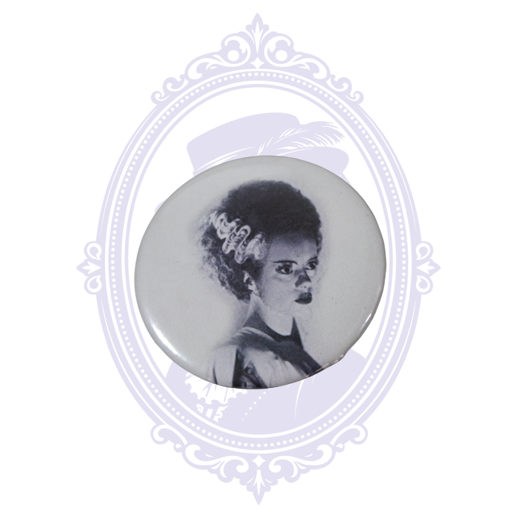 Bride of Frankenstein 2.25-inch button featuring a black-and-white portrait of the classic horror character.