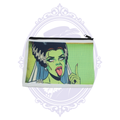 Bride of Frankenstein pop art makeup bag with green face, black and white hair and red lips