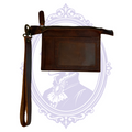 Reverse of brown leather wristlet wallet with ID window, card slots, and zipper