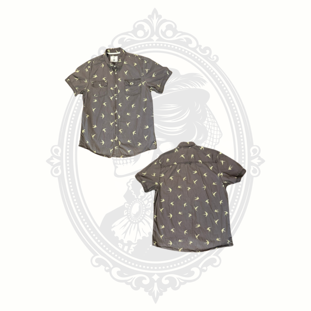Buffalo David Bitton Morgan Men's Gray Bird Print Short Sleeve Button-Up Shirt Large