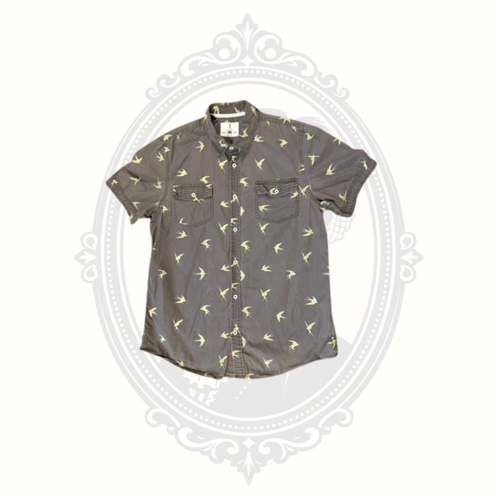 Buffalo David Bitton Morgan Men's Gray Bird Print Short Sleeve Button-Up Shirt Large