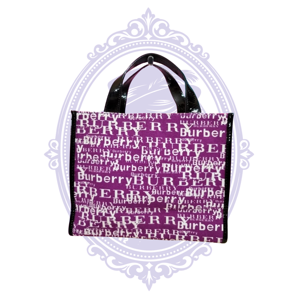 Front of purple and white Burberry graffiti tote with black patent trim
