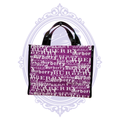 Front of purple and white Burberry graffiti tote with black patent trim