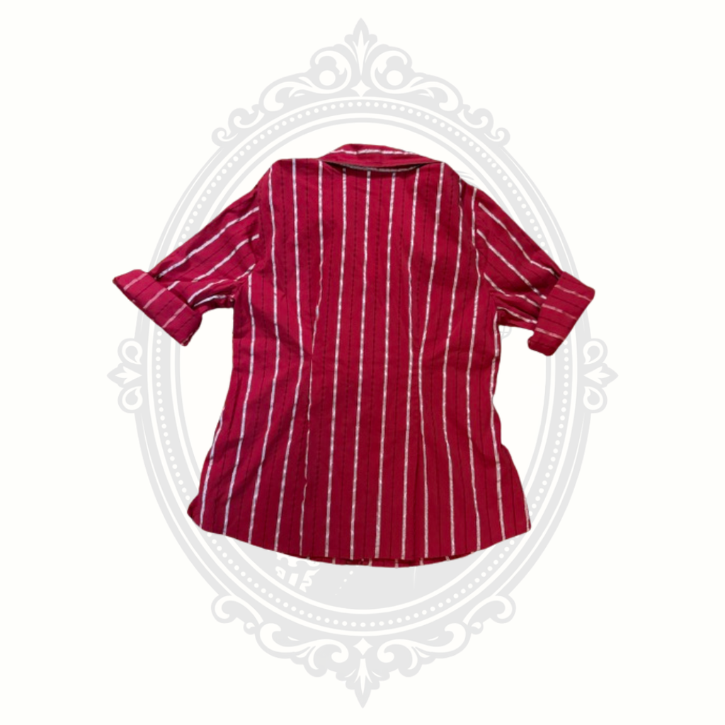 Burgundy Metallic Stripe Belted Button Front Blouse