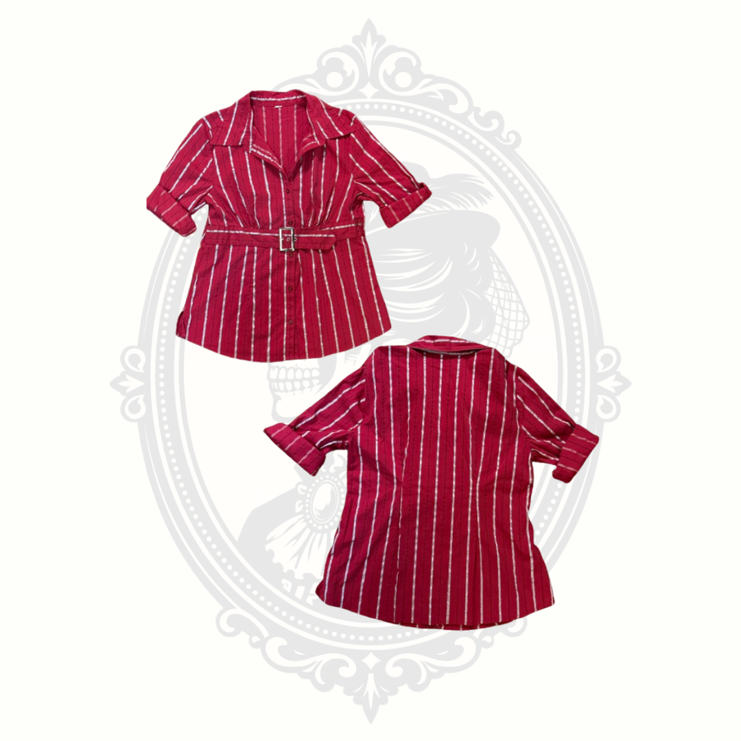Burgundy Metallic Stripe Belted Button Front Blouse