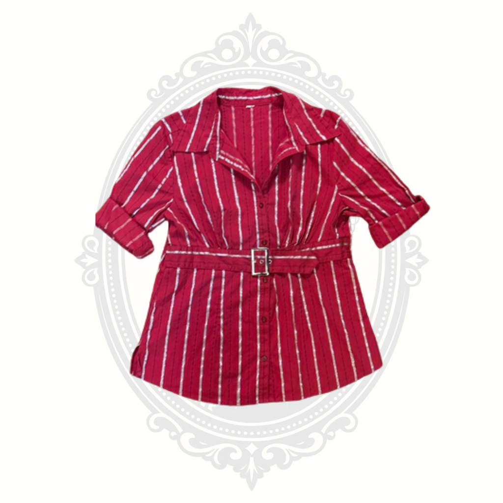 Burgundy Metallic Stripe Belted Button Front Blouse