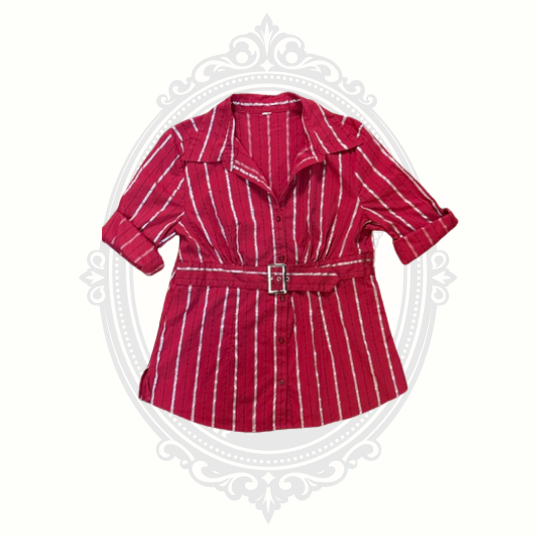 Burgundy Metallic Stripe Belted Button Front Blouse