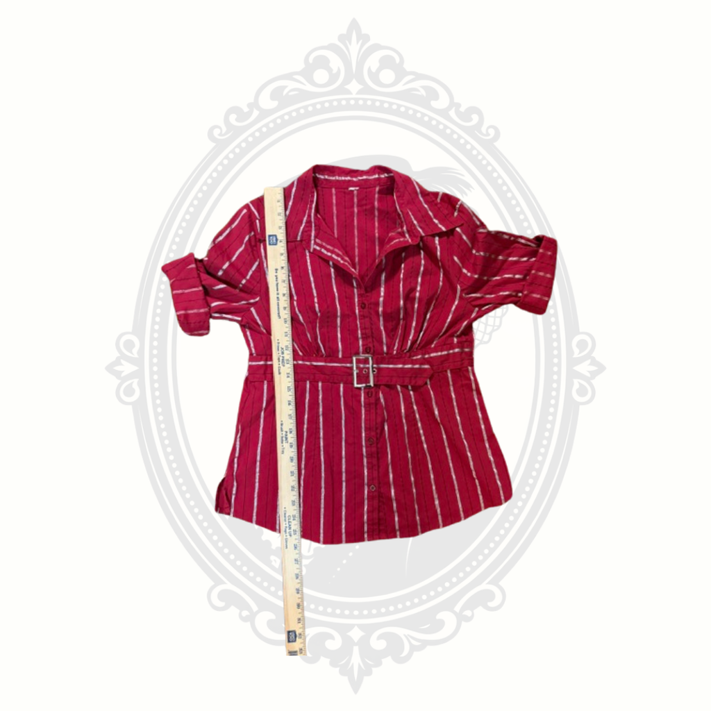 Burgundy Metallic Stripe Belted Button Front Blouse