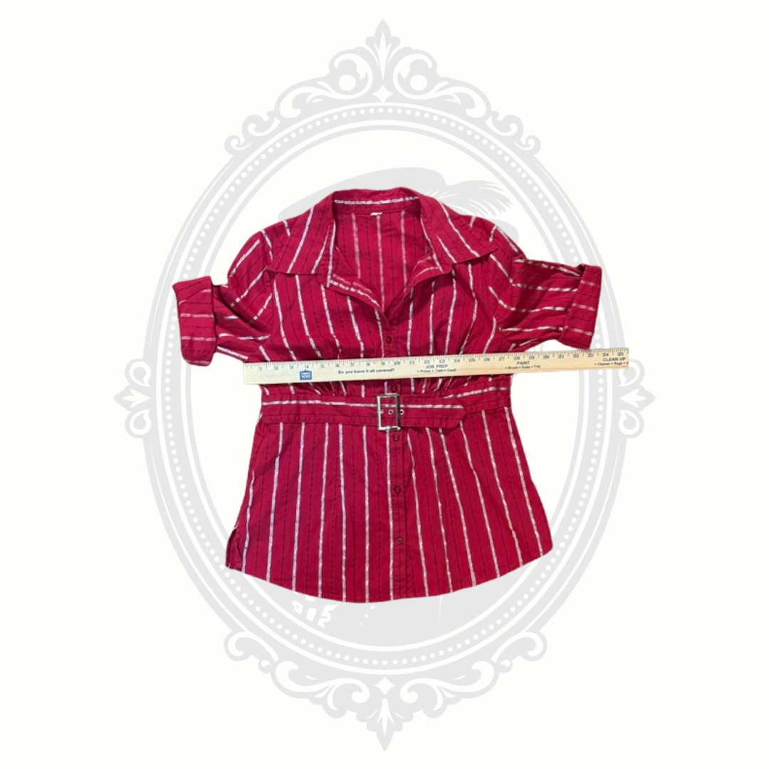 Burgundy Metallic Stripe Belted Button Front Blouse