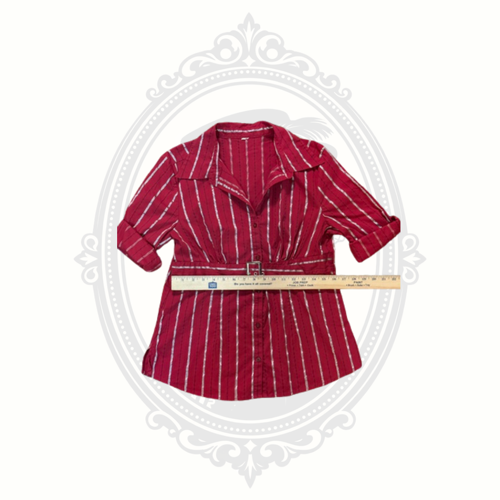 Burgundy Metallic Stripe Belted Button Front Blouse