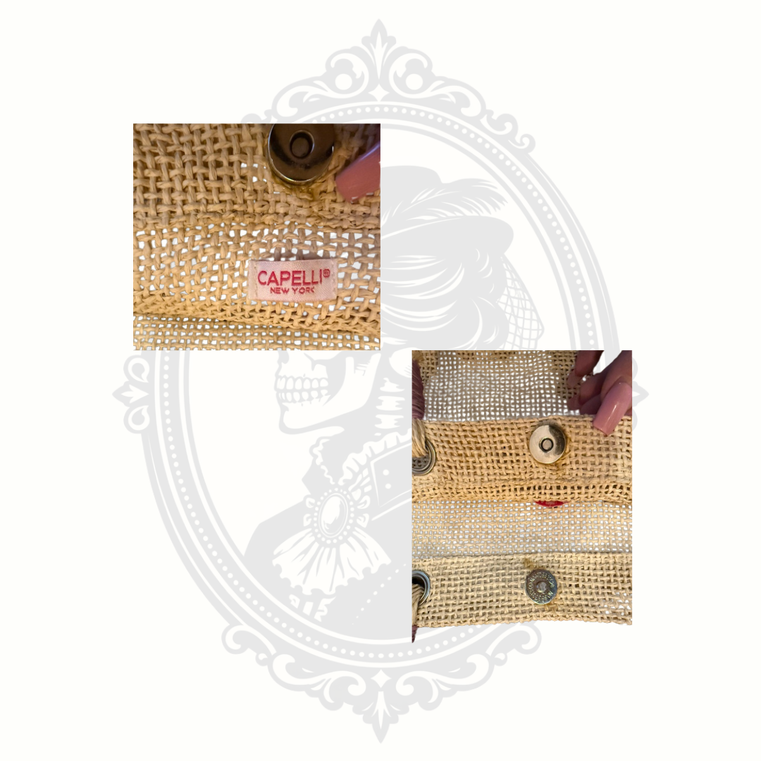 Close-up of Capelli New York fabric brand tag inside woven mini tote bag
