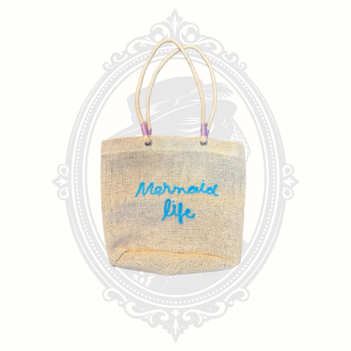 Capelli New York woven mini tote bag with aqua blue “Mermaid Life” embroidery and rope handles