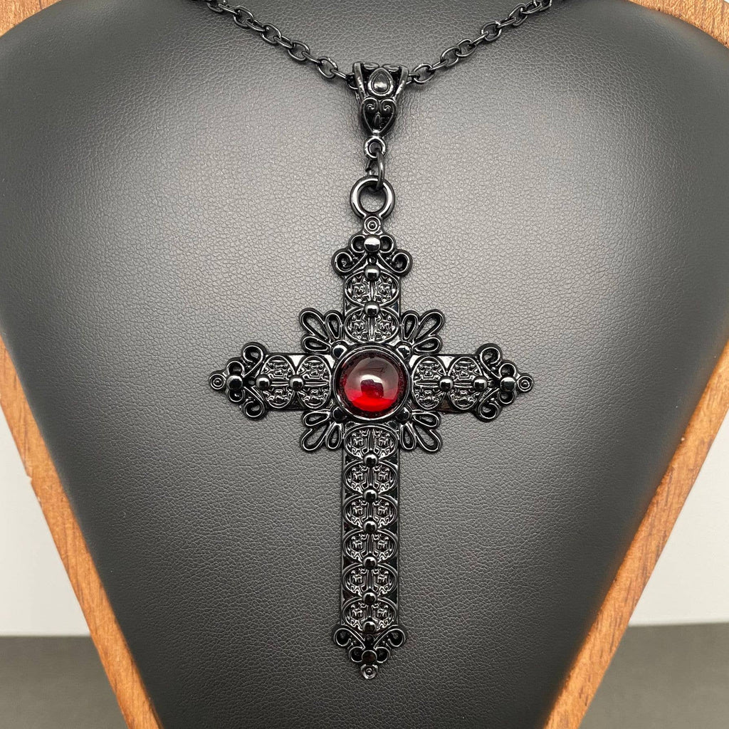 Gothic Red Glass Inlaid Cross Charm Necklace - GT