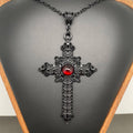 Gothic Red Glass Inlaid Cross Charm Necklace - GT