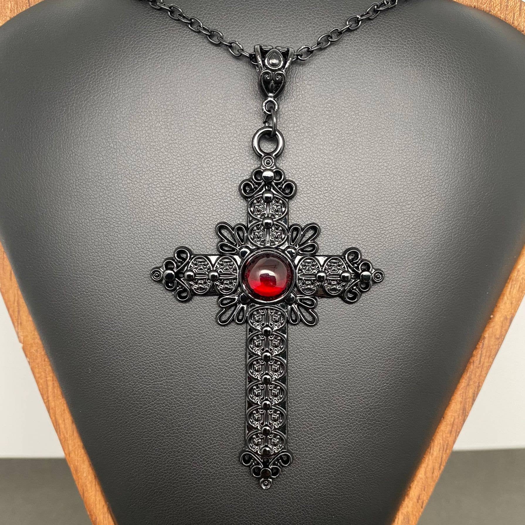 Gothic Red Glass Inlaid Cross Charm Necklace - GT