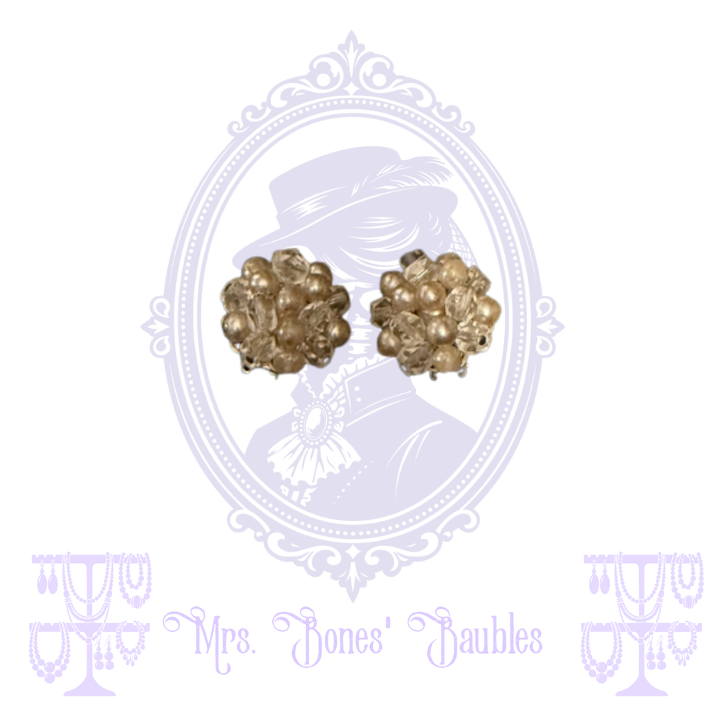 Champagne and clear beaded cluster clip-on earrings in gold-tone settings from Mrs. Bones' Baubles