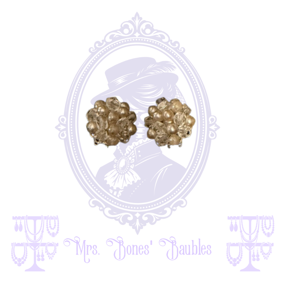 Champagne and clear beaded cluster clip-on earrings in gold-tone settings from Mrs. Bones' Baubles