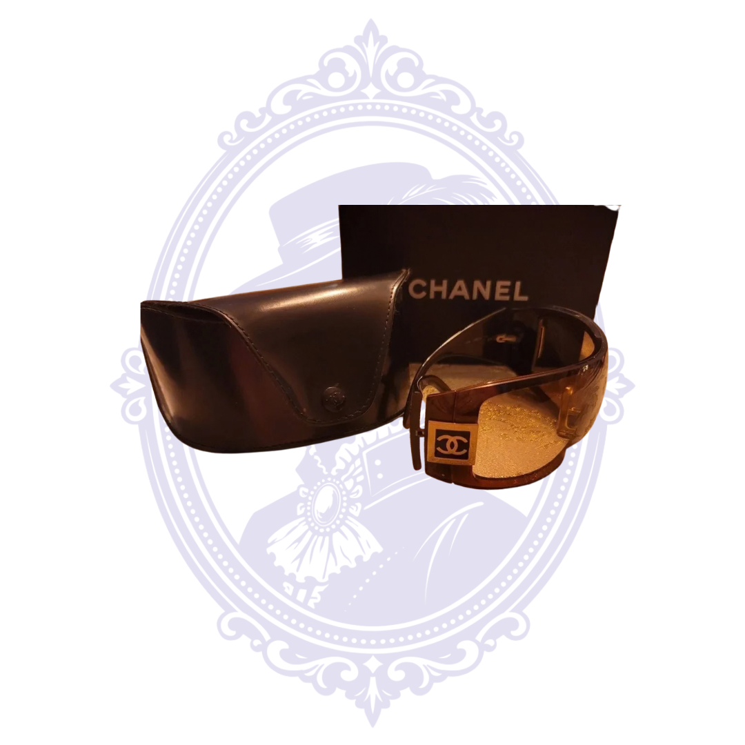 Chanel 5086 brown shield sunglasses with square CC logo temple detail
