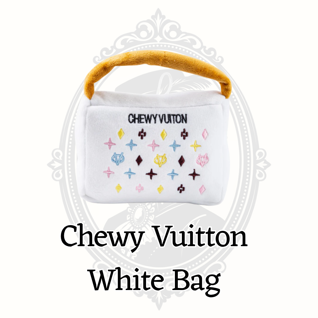 Chewy Vuiton white handbag designer dog toy by Haute Diggity Dog with multicolor pattern, plush squeaky purse toy for stylish dogs