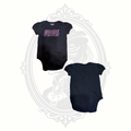 Black baby onesie from The Children’s Place featuring pink “#Babe Status” graphic on front with back view shown beside it.