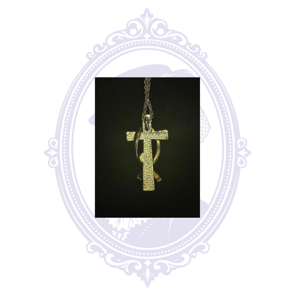 Back view of a Christian cross and Ichthys fish pendant necklace with textured metal detailing, displayed against a black background in a Mrs. Bones Curio Cupboard frame.