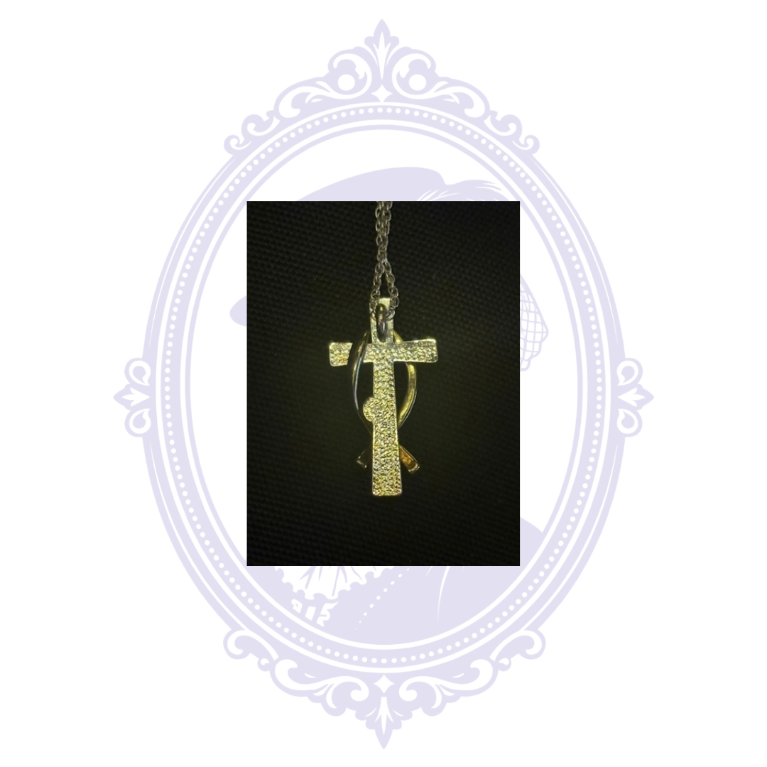 Back view of a Christian cross and Ichthys fish pendant necklace with textured metal detailing, displayed against a black background in a Mrs. Bones Curio Cupboard frame.